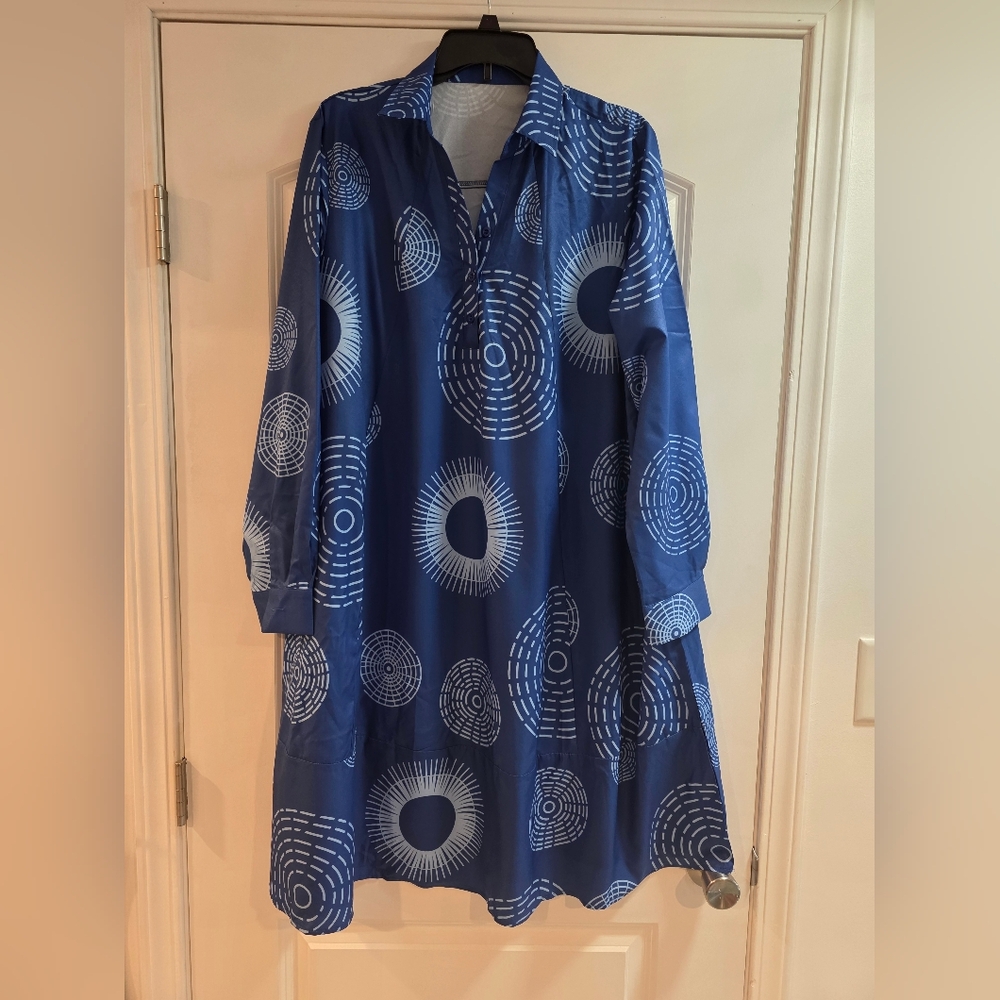 Blue Patterned Long Sleeve Dress 2XL